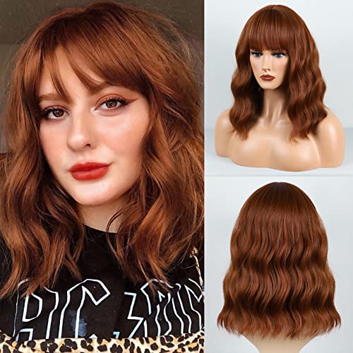 BOGSEA Auburn Wig with Bangs Short Synthetic Wavy Wig Heat Resistant for...