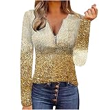 NaRHbrg Womens Tops Long Sleeve Henley T Shirts Slim Fit Zipper Shirts Casual V-neck Rhinestone Blou