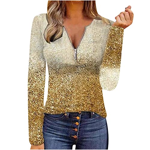Narhbrg Womens Tops Long Sleeve Henley T Shirts Slim Fit Zipper Shirts Casual V-Neck Rhinestone Blouse Tee Tunics Gold #TOP23