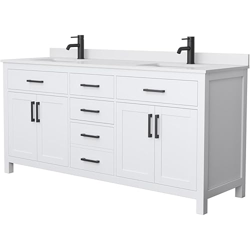 Beckett 72 Inch Double Bathroom Vanity in White, White Cultured Marble Countertop, Undermount Square Sinks, Matte Black Trim