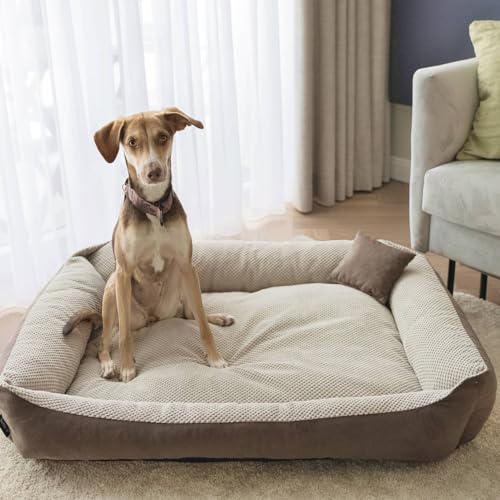 4L Textil Teo Hundebett Braun/Beige Hundekorb mittelgroße Hunde Hundekissen große Hunde Hundekörbchen flauschig Hundesofa (100x80 cm, Braun/Beige)