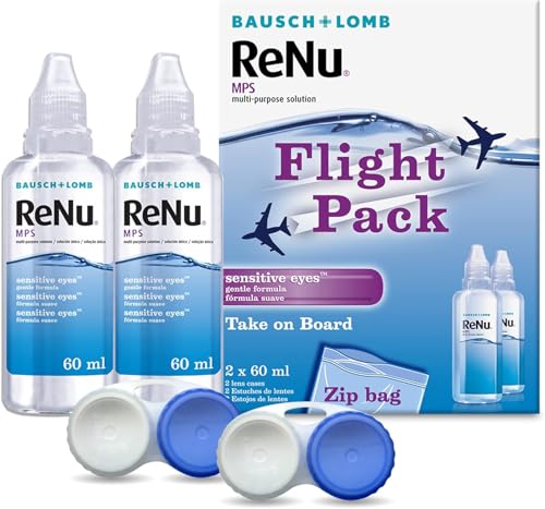 ReNu Multi-Purpose Travel Contact Lens Solution 2X 60ml Flight Pack Size - for Soft Lenses Gentle on Sensitive Eyes Clean Disinfect Rinse Lubricate and Store Your Lenses Lens Case Included