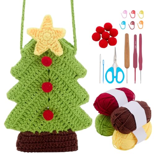 WEBEEDY Kit de bolsa de crochê para árvore de Natal, kit de confecção de bolsa transversal para iniciantes com tutorial passo a passo, fios e ferramentas, presente feito à mão para mulheres em festas