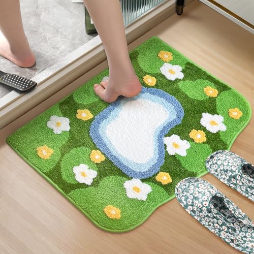 Cute Green 3D Moss Bath Mat, Flower Bathroom Rugs Water Absorbent Non...