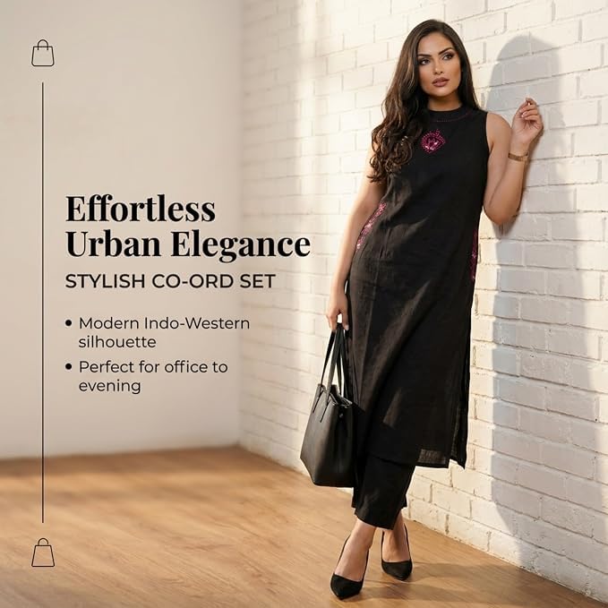 Image of Women Black Kurti Palazzo Set, Sleeveless Straight Kurta with Matching Palazzo Pants, Stylish Ethnic Wear Set for Women, Embroidered Kurta Set for Festive, Office, Casual, Party and Daily Wear