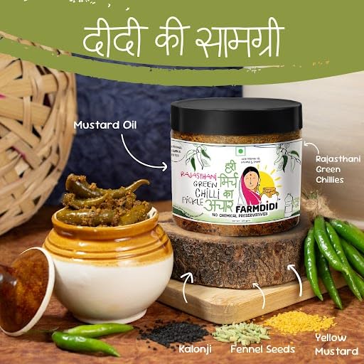 Image of FarmDidi Rajasthani Green Chilli Pickle 325g in Fresh Marwadi Hari Mirch ka Achar Spicy Homemade Achaar with Mustard Oil Theeka Ghar Ka Pickle No Garlic No Chemical Preservatives