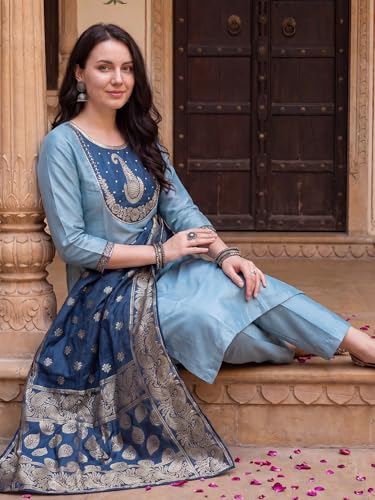 Image of INDO ERA Women's Viscose Self Design Straight Kurta with Pant & Dupatta Set