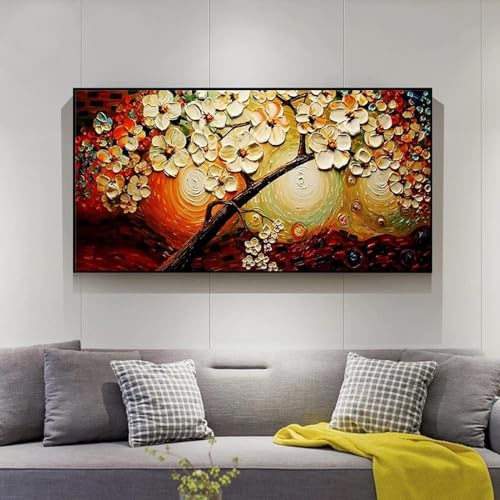 Toile peinture fleur et arbre blanc abstrait coloré 80x160 cm sans cadre pour salon