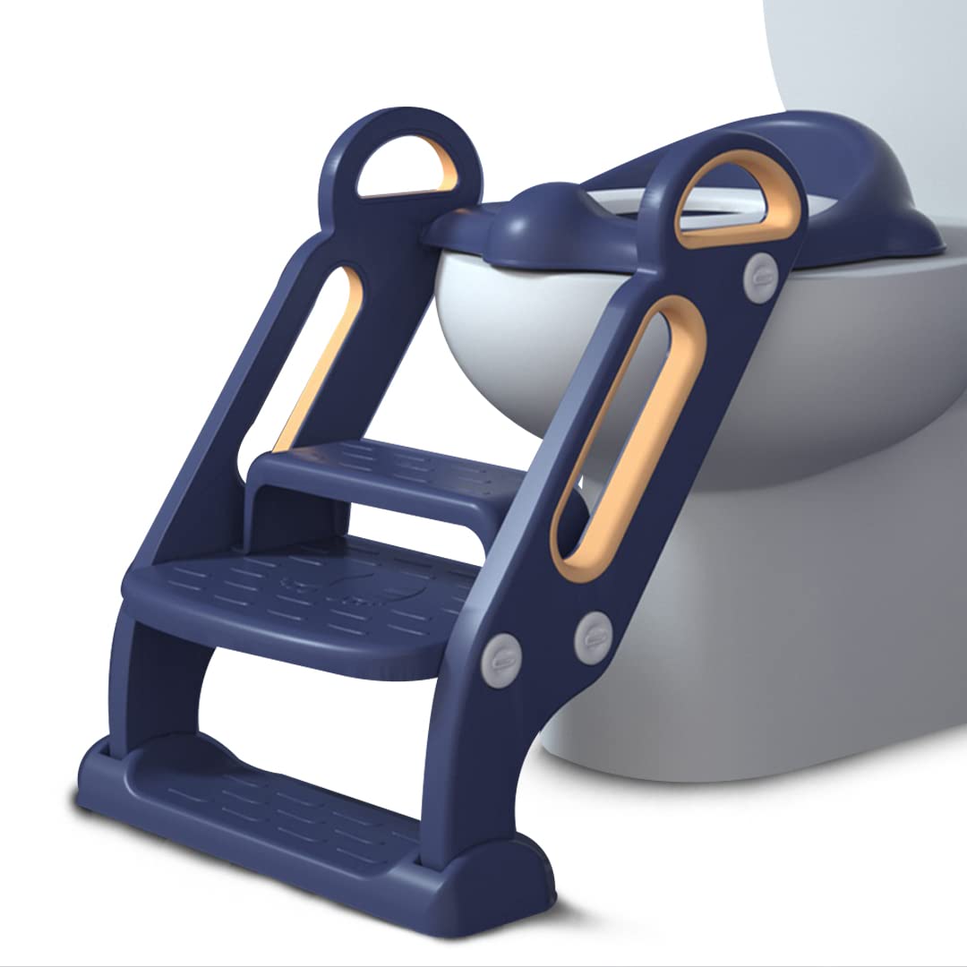 INFANTSO Premium Potty ladder/Step Stool Potty Training Seat with Removable PU Cushion & Easy Grip Handle, Potty Seat for Kids 2-5 years, Potty Seat With Ladder, Fits All Western Toilets Seat (Blue)