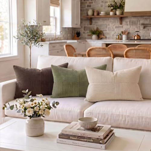 Image of Fancy Homi 2 Packs Olive Green Lumbar Decorative Throw Pillow Covers 16x32 Inch for Living Room Couch Bed, Farmhouse Boho Home Decor, Soft Striped Corduroy Rectangle Accent Cushion Case 40x80 cm