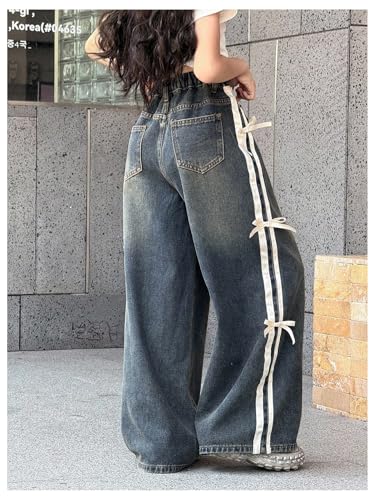 Girl's Striped Baggy Jeans Y2k Bowknot Wide Leg Denim Pants with Pockets Streetwear2