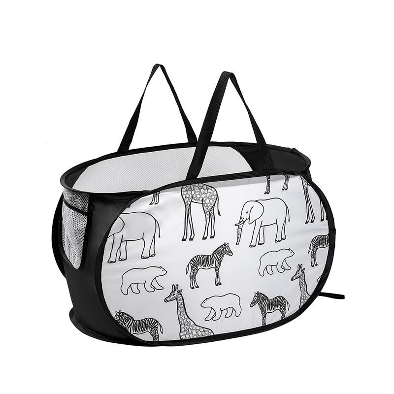 2 Pack Durable Collapsible Laundry Baskets, Foldable Clothes Mesh Pop Up Laundry Hamper with Side Pocket Carry Handles for Laundry Bathroom Dorm Travel,Giraffe-Print Black