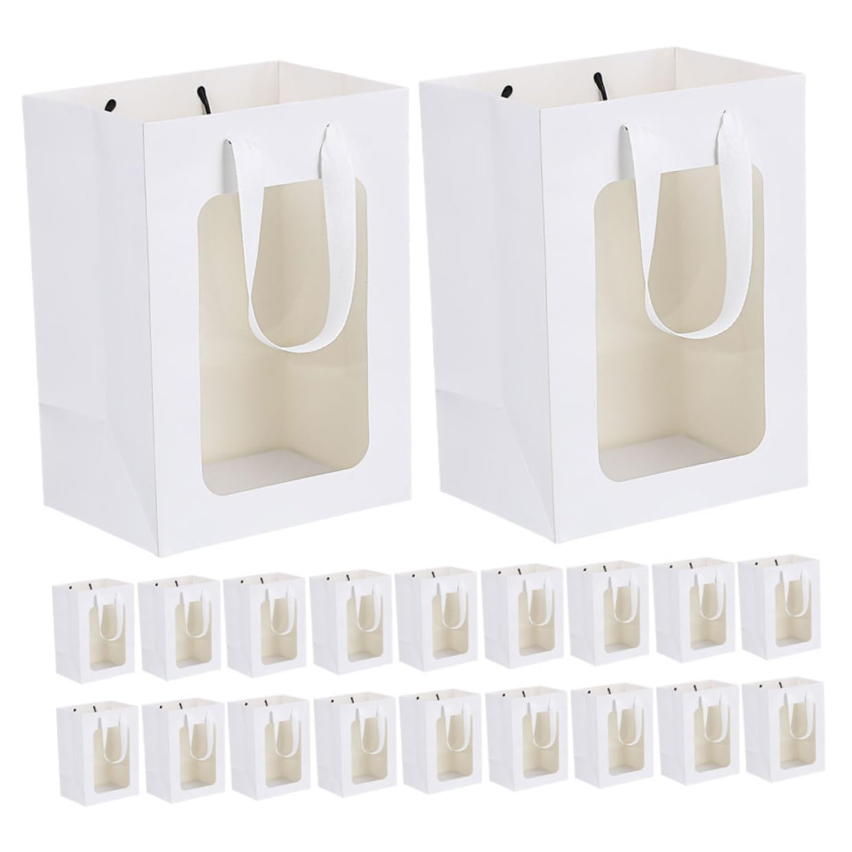 Bolsas de Obsequio Transparentes de Papel Blanco, 25 Piezas | Ventana Visible, Asas Prácticas, Formato Sencillo y Elegante para Fiesta, Flores y Recuerdos
