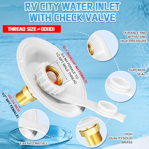 Image of RV Water Inlet Replacement with Check Valve, 3 /4 inch NH to 1 /2 inch NPT | Lead-Free Brass Body, Leakproof Check Valve, Corrosion Resistant, Easy Install, Fits RV Camper Marine Trailer