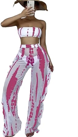 WOWARKI Womens 3 Pack Tie Dye Bandau Swimsuits Ruffle Sheer Cover Up Pants Bikini Sets Sexy Mesh Bathing Suits