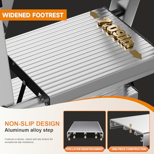 Image of 11 Step Ladder with Handrail,Folding Step Stool Heavy Duty,Protable Step Ladders with Anti-Slip Widen Pedals,Sponge Handrail,Safe-Lock Design,Tall Kitchen /Closet Step Ladder
