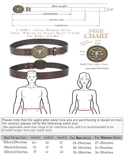 Image of Western Cowboy-Belts for Women Big-Buckle Longhorn-Bull PU-Leather Rodeo Cowgirl-Belt Engraved Floral - Waist 25-38 inch