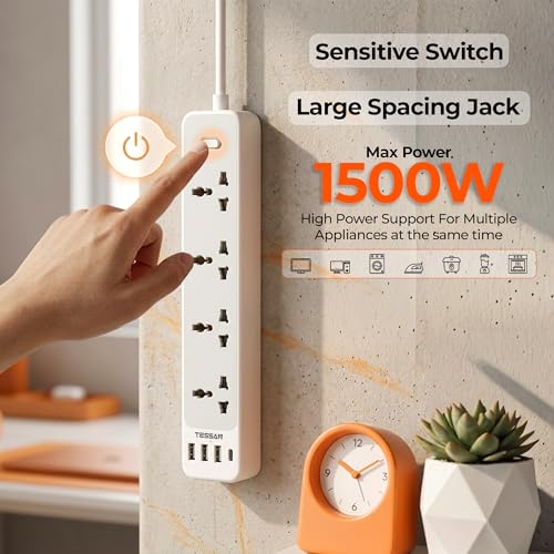 Image of TESSAN 4-Socket Extension Board with Surge Protector, Universal Power Strip with 6 USB Charging Ports, 6.5Ft (2-Meter) Heavy Duty Cable, Overload Protection, 220V, Grey, 2 Years Manufacturer Warranty