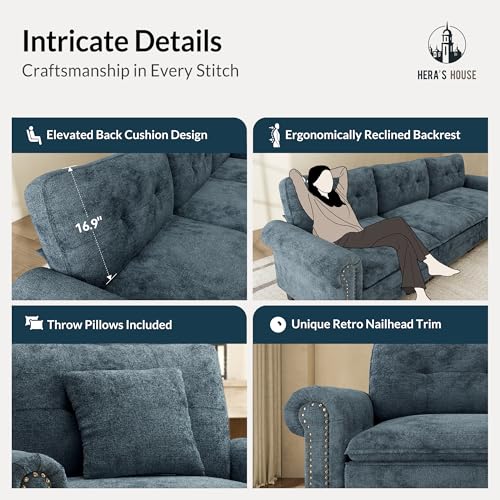 Image of HERA'S HOUSE 116 inch Oversized U Shaped Modular Sectional Couch Living Room | Mid-Century Modern 5-Seater Cloud Sofa, Cyan, Rolled Arms & Nailhead Trim, Wider Deeper Seats, Ottoman, Chenille