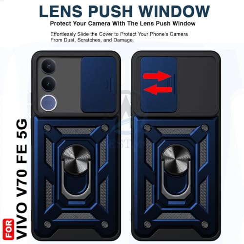 Image of AESTMO Tough Armor VIvo V70 FE 5G Bumper Back Case Cover | Ring Holder & Sliding Camera Shield Cover | 360 Degree Protection Back Case Cover for VIvo V70 FE 5G (Blue)