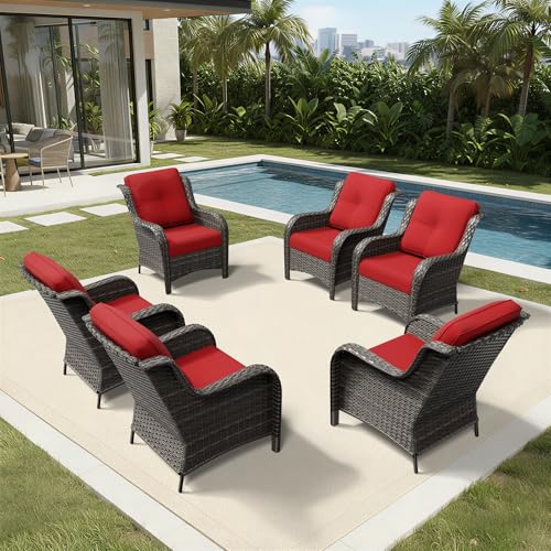 Image of Joyside 6 Piece Wicker Patio Furniture Set, Rattan Patio Chairs with High Back, Deep Seating, Wide Armrest, Thickened Cushions, Outdoor Furniture for Deck, Porch Use