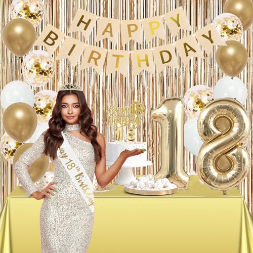 Image of Trgowaul Happy 18th Birthday Decorations for Girls, Banner, Sash and Crown, Cake Topper, 18 Number Balloon, Fringe Curtains, Champagne Gold 18th Birthday Party Supplies