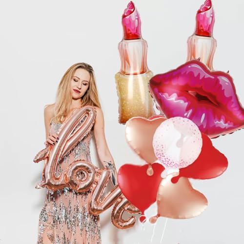 Image of Huge 30inch Red Lip Foil Balloons Set 6 Pieces, Red Hearts and Lips For Make Up Themed Party Bachelorette & Anniversary Decorations
