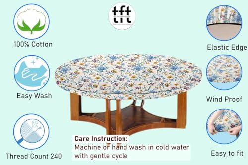 Image of The Furnishing Tree Elastic Cotton Round Center Table Cover 24x24 in Inches Floral Golden Leaf on offwhite Base