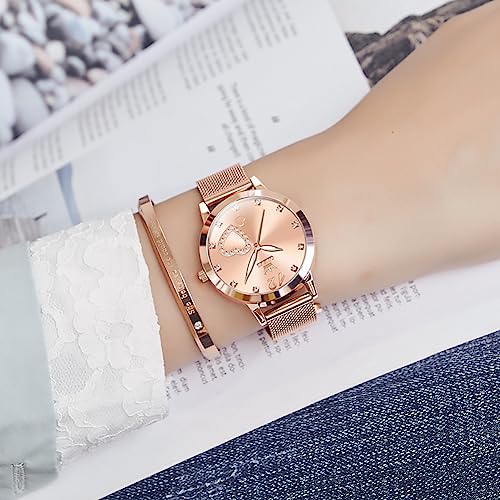 Image of OLEVS Rose Gold Watch for Women Mesh Strap Fashion Dress Hearts Japanese Quartz Waterproof Luminous Ladies Watches Bracelet Sets
