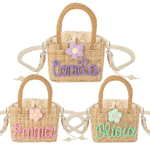 Personalized Crossbody Straw Bag Toddler Girl Flower Play Purse Custom Name Little Girl Beach Hand Bags Embroidered Baby Girls Purses with Customized Name Gift Basket Kids Tote Bag Birthday Gifts