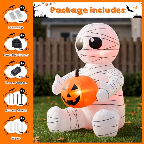 4FT Halloween Inflatable Cut Mummy Holding Pumpkin Blow up Yard Decoration - image 4