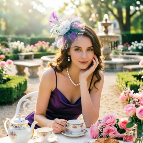 Image of DRESHOW Fascinators Hat Flower Mesh Ribbons Feathers on a Headband and a Clip Tea Party Headwear for Girls and Women