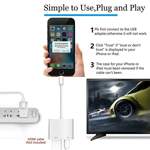 Lighting to HDMI Adapter, 1080P Sync Screen Digital AV Connector Compatible with iPhone 11/11 Pro/XS Max/XS/XR/X 8 7 6 5, iPad and iPod to HD TV/Monitor/Projector, HDMI Connector (White)