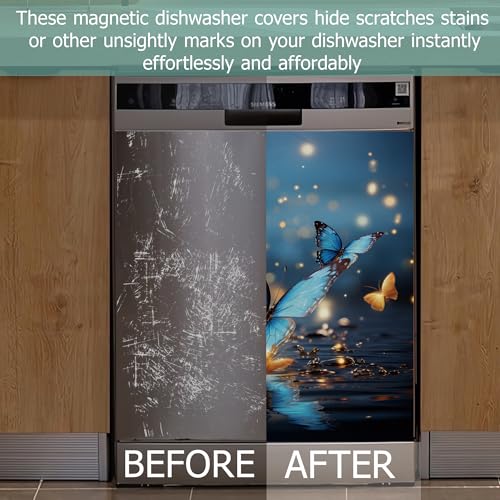 Image of Dishwasher Cover,Blue Butterflies Reusable Dishwasher Magnet Cover,Decorative Glitter Butterfly Magnetic Refrigerator Cover Front Panel Cover for Kitchen Decor 23x26 Inch