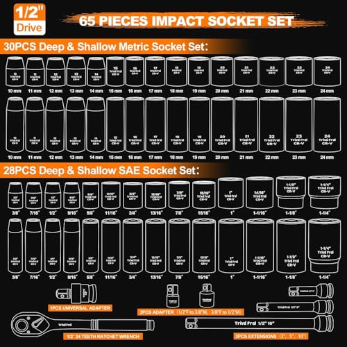 Image of Impact Socket Set 1 /2 inch Drive - Trivd Frol 65pcs Impact Socket Set Metric and Standard Full, Metric Socket Set 8-24mm & SAE Socket Set 3 /8 inch-1-1 /4 inch, Shallow & Deep Socket Set, Extensions, Adapter