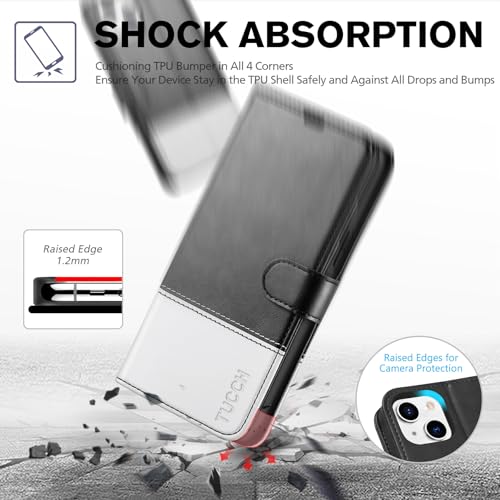Image of TUCCH Case Wallet for iPhone 13 (6.1 inch), RFID Blocking Folio, Black & White | 3 Card Holders, Kickstand, PU Leather, Magnetic Closure, Shockproof TPU Shell, Protective Flip Cover