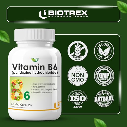 Image of Biotrex Nutraceuticals Vitamin B6 (Pyridoxine Hydrochloride) Supplement | 60 Veg Capsules