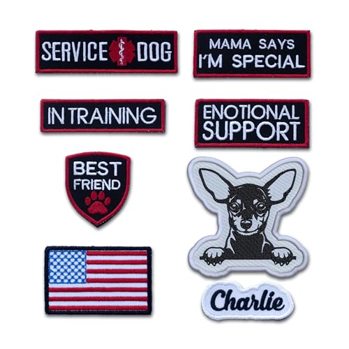 8 Packs Service Dog Patches for Harness, Custom Embroidered Dog Name Patches, Personalized Miniature Pinscher Dog Patches, Tags with Hook and Loop Patches for Dog in Training, Emotional Support