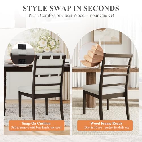 Image of COLAMY Wooden Dining Chairs Set of 2, Modern Fabric Upholstered Kitchen Side Chairs, Farmhouse Ladder High Back Dining Room Chair with Foot Pegs - Beige