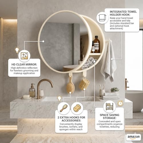 Image of CIPLA PLAST Rich Look Bathroom Cabinet with Mirror | Storage Organiser | Strong Plastic Bathroom Shelves Wall Mounted | Bathroom Accessories| Mirror Cabinet (2, Ivory, Round)