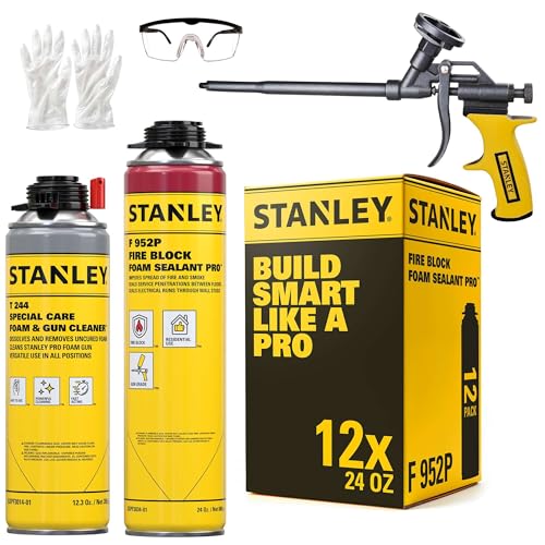 Stanley F952P Fire Block Spray Foam Sealant (12x24 Oz.) – Expanding Polyurethane Foam Insulation, High Yield, Heat Resistant, Gun Grade Application | Includes Gun & Cleaner | 24 Oz. 12 Pack