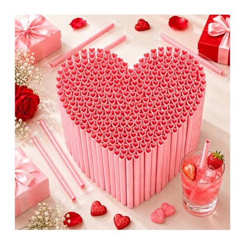 100 PCS Heart Shaped Straws Individually Wrapped Pink Plastic Drinking Straws 23 cm Disposable Cute Straws for Valentines Day Wedding Bachelorette Birthday Party Decorations