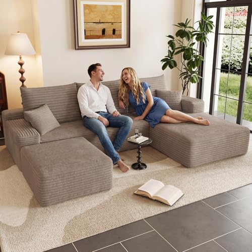 Image of 95 inch Cloud Sectional Couch with Ottoman,Modern U-Shaped Cloud Couch with Deep Seat,Comfy Corduroy Sofa,Memory Foam Sofa for Living Room,No Assembly (Camel,Right-Facing Chaise)