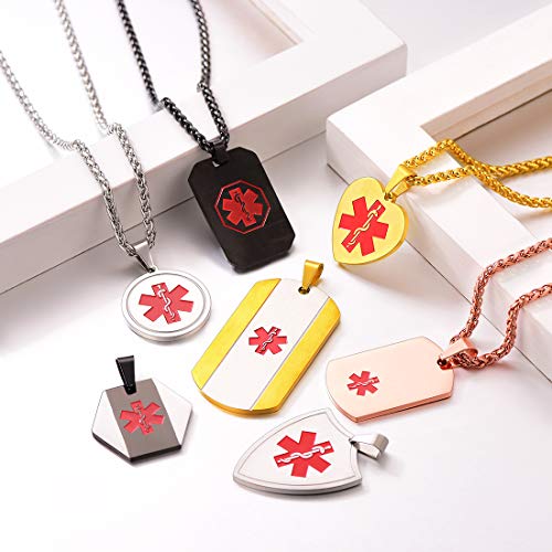 Unique Octagon Caduceus Medical Alert Necklace Customized EMC Jewelry Personalized Medic Message Engrave Stainless Steel Tag for Diabetes/Epilepsy/Allergies/Heart Disease/Pacemaker