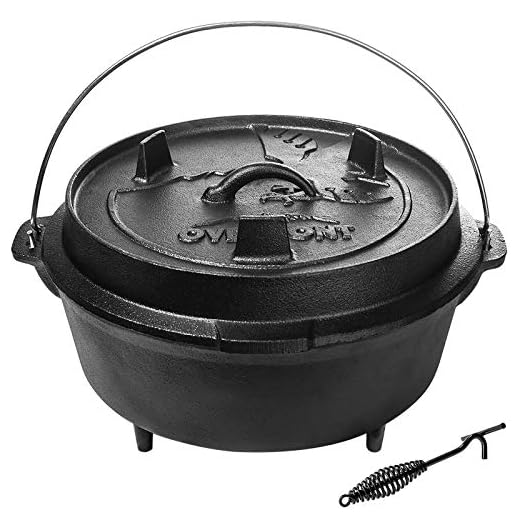 Overmont Camp Dutch Oven Cast Iron Lid Also a Skillet Casserole Pot Pre Seasoned with Lid Lifter Handle for Camping Cooking BBQ Baking 9QT(Pot+Lid)