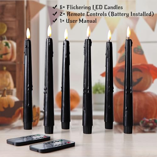 Image of Stmarry Black Flameless Taper Candles with Remote and Timer - 9.65 Inch Real Wax LED Candlesticks - Wax Drip Battery Operated Halloween Taper Candles with 3D Flickering Flame Halloween Decor, 6 Pack