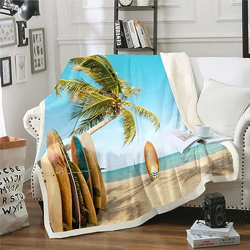 Erosebridal Sea Coastal Blanket For Living Room,Ocean Beach Palm Tree Leaves Tropical Fleece Blanket,Blue Sea Surfboard Marine Surf Throw Blanket,Hawaiian Summer Holiday Style Bed Blanket 60 Inchx80 Inch Boho Decor cover