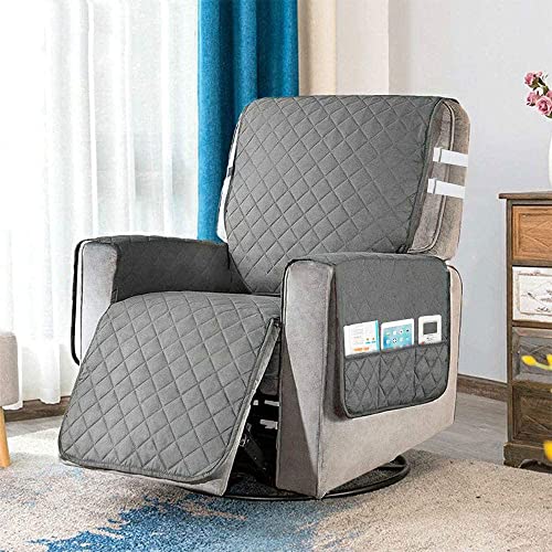 miuline Housse Fauteuil Relax Matelassé Anti-dérapant, Couvre Fauteuil Relax Inclinable avec 2 Sangles de Serrage Blanches, 6 Poches Latérales, Couverture Protecteur Canapé 1 Place (Gris)