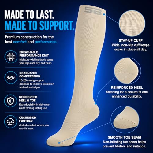 Image of SB SOX 3-Pair Compression Socks (15-20mmHg) for Men & Women - Comfortable Socks, Easy to Put On - Best Socks for Daily /Any Use, Running, Nurse, Travel
