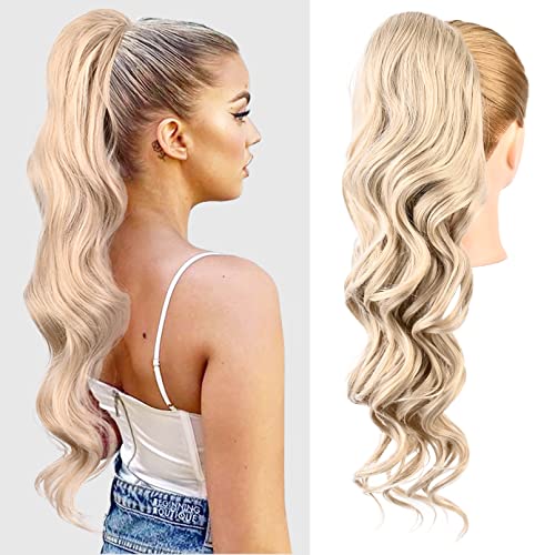 LONAI 26” Long Blonde Body Wave Drawstring Ponytail Extensions for Black Women Synthetic Clip in Pony tails Hairpiece for Women Natural Soft Hair Extension with 2 Combs - Ash Blonde